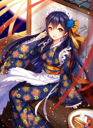 Rule 34 | 10s, 1girl, :d, apron, bison cangshu, blue hair, blue kimono, blush, brown eyes, commentary request, floral print, flower, from above, hair flower, hair ornament, hair ribbon, hairclip, japanese clothes, kimono, long hair, long sleeves, looking at viewer, looking up, love live!, love live! school idol festival, love live! school idol project, maid, maid apron, maid headdress, md5 mismatch, obi, open mouth, print kimono, ribbon, sash, sitting, smile, solo, sonoda umi, wa maid, waist apron, wide sleeves, yukata