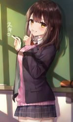 Rule 34 | 1girl, absurdres, black jacket, blazer, blush, board eraser, breasts, brown eyes, brown hair, chalk, chalkboard, collared shirt, commentary request, cowboy shot, finger to mouth, grin, hand up, heart, highres, holding, holding chalk, index finger raised, jacket, long hair, long sleeves, looking at viewer, medium breasts, mole, mole under eye, open clothes, open jacket, original, parum39, pink sweater, plaid, plaid neckwear, plaid skirt, pleated skirt, red neckwear, school uniform, shirt, shushing, skirt, smile, solo, standing, sweater, translation request, white shirt