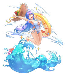 Rule 34 | 1girl, ;d, absurdres, bare legs, barefoot, blue hair, blue one-piece swimsuit, blunt bangs, braid, breasts, cleavage, cleavage cutout, clothing cutout, cross-laced clothes, cross-laced one-piece swimsuit, crown braid, finaru-dorim, flower, full body, hat, hat flower, highres, innertube, jumping, large breasts, long hair, looking at viewer, one-piece swimsuit, one eye closed, open mouth, purple hair, red eyes, simple background, smile, solo, sorakado ao, starfish, straw hat, summer pockets, sun hat, swim ring, swimsuit, water, white background