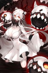 Rule 34 | 10s, 1girl, abyssal ship, breasts, covered mouth, dress, covered erect nipples, ganesagi, highres, horns, kantai collection, kneeling, large breasts, long hair, long sleeves, midway princess, pale skin, red eyes, solo, turret, veins, white dress, white hair