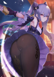 Rule 34 | 1girl, artist request, ass, ass focus, attack, bad id, bad pixiv id, bare shoulders, black pantyhose, blush, breasts, dress, from behind, from below, genshin impact, gloves, hair ornament, hairpin, highres, keqing (genshin impact), leaning, leaning forward, long hair, looking at viewer, pantyhose, purple dress, purple hair, red eyes, shiny clothes, shiny skin, short dress, sideboob, skirt, solo, sukoyaka93, sword, thighs, twintails, very long hair, weapon