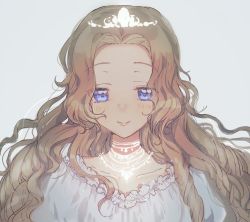 Rule 34 | 1girl, blue eyes, brown hair, code geass, collarbone, curly hair, diadem, grey background, jewelry, long hair, looking at viewer, necklace, nunnally vi britannia, shirt, simple background, smile, solo, sumi otto, upper body, very long hair, white shirt