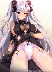 Rule 34 | 1girl, absurdres, alternate costume, antenna hair, azur lane, black dress, blush, bow, breasts, brown eyes, clothes lift, cowboy shot, dress, dress lift, from below, fukuda shuushi, garter belt, gloves, gradient background, hair between eyes, hair bow, highres, lace, lace-trimmed legwear, lace-trimmed panties, lace trim, large breasts, lifting own clothes, long hair, looking at viewer, mole, mole on breast, multicolored hair, panties, prinz eugen (azur lane), prinz eugen (cordial cornflower) (azur lane), purple panties, purple thighhighs, red hair, silver hair, solo, streaked hair, thighhighs, thighs, two side up, underwear, very long hair