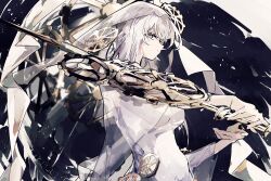 Rule 34 | 1girl, bridal veil, closed mouth, dress, e.g.o (project moon), faust (project moon), gears, highres, holding, holding weapon, limbus company, looking at viewer, medium hair, minasemochii, multicolored background, project moon, solo, veil, weapon, wedding dress, white dress, white eyes, white hair