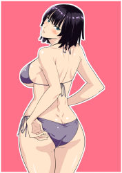 Rule 34 | 1girl, adjusting clothes, adjusting swimsuit, ass, back, bikini, black hair, blue eyes, breasts, butt crack, dimples of venus, female focus, fubuki (one-punch man), jyura, large breasts, looking back, one-punch man, purple bikini, short hair, side-tie bikini bottom, simple background, solo, swimsuit, underboob