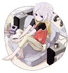 Rule 34 | 1girl, barefoot, blue eyes, cd, cup, feet, game console, gamecube, original, plant, potted plant, reitana, scarf, short hair, silver hair, sitting, solo, speaker, tea