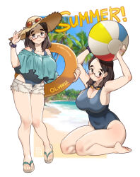 Rule 34 | 1girl, ball, beachball, blue one-piece swimsuit, breasts, brown eyes, brown hair, cleavage, commentary, english commentary, eyewear on headwear, glasses, goggles, goggles around neck, hat, highres, holding, holding ball, holding beachball, holding swim ring, huge breasts, innertube, off-shoulder shirt, off shoulder, olverse, one-piece swimsuit, open fly, orange innertube, original, palm tree, poch4n, sandals, scrunchie, seiza, shirt, short shorts, shorts, signature, sitting, sun hat, sunglasses, swim ring, swimsuit, timid office lady (poch4n), tree, wrist scrunchie