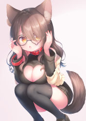 Rule 34 | 1girl, animal ear fluff, animal ears, bare shoulders, black-framed eyewear, black footwear, black skirt, black sweater, black thighhighs, blush, breasts, brown eyes, brown hair, brown jacket, chain, chestnut mouth, cleavage, cleavage cutout, clothing cutout, commentary request, ear piercing, fang, glasses, hair over one eye, hands up, heart, heart cutout, highres, jacket, large breasts, light up, loafers, looking at viewer, off shoulder, open clothes, open jacket, parted lips, piercing, pleated skirt, shoes, skirt, solo, squatting, sweater, tail, tail raised, teardrop-framed glasses, thighhighs, usashiro mani, virtual youtuber, yuzuki uru