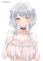 Rule 34 | 1girl, ahoge, animal ears, bare arms, bare shoulders, black choker, breasts, choker, cleavage, closed mouth, collarbone, crop top, crop top overhang, floppy ears, frilled shirt, frills, halterneck, hands on own chest, hands up, highres, large breasts, looking at viewer, original, see-through, shirt, short hair with long locks, simple background, sleeveless, sleeveless shirt, smile, solo, umou (may65879), upper body, white background, white hair, white shirt, yellow eyes
