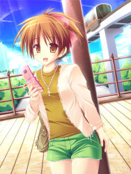 Rule 34 | 1girl, :d, bad id, bad pixiv id, casual, cellphone, cross, female focus, flat chest, hirasawa ui, jewelry, k-on!, light rays, nature, necklace, open mouth, outdoors, phone, ponytail, ruschuto, shorts, sky, smile, solo, sunbeam, sunlight