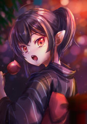 Rule 34 | 1girl, alternate costume, alternate hairstyle, antenna hair, back bow, black hair, black kimono, blurry, blurry background, blurry foreground, bokeh, bow, candy apple, commentary request, depth of field, food, from side, holding, holding food, houjuu nue, japanese clothes, kimono, looking at viewer, looking back, night, open mouth, outdoors, pointy ears, ponytail, red bow, red eyes, short hair, solo, striped, touhou, upper body, vertical stripes, yakkyokuya, yukata