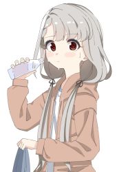 Rule 34 | 1girl, black ribbon, blush stickers, bottle, braid, braided bangs, brown eyes, brown jacket, closed mouth, commentary request, drawstring, grey hair, hair ribbon, hand up, highres, hisakawa nagi, holding, holding bottle, hood, hood down, hooded jacket, idolmaster, idolmaster cinderella girls, idolmaster cinderella girls starlight stage, jacket, long hair, long sleeves, looking at viewer, low twintails, open clothes, open jacket, ribbon, shirt, shiwa (siwaa0419), simple background, solo, twintails, upper body, very long hair, water bottle, white background, white shirt