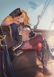 Rule 34 | 1girl, aircraft, ass, bench, black coat, black eyes, black footwear, black hat, blonde hair, blue skirt, boots, breasts, coat, crossed legs, dirigible, granblue fantasy, hair between eyes, hand on own knee, hat, highres, holding, jin rou, large breasts, long hair, looking at viewer, microskirt, monika weisswind, open clothes, open coat, parted lips, peaked cap, pleated skirt, red thighhighs, shirt, sitting, skirt, sky, smile, solo, sword, thigh strap, thighhighs, twintails, weapon, white shirt
