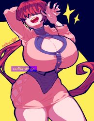 Rule 34 | breasts, cleavage cutout, clothing cutout, cottonwings, covered eyes, fashion, hair over eyes, long hair, own hands together, red hair, shermie (kof), signature, solo, star (sky), the king of fighters, very long hair
