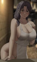 Rule 34 | 1girl, absurdres, apron, bare shoulders, blush, breasts, carla yeager, cleavage, closed mouth, highres, large breasts, long hair, maebari, naked apron, no bra, no panties, oroborus, shingeki no kyojin, solo, table, tagme, yellow eyes