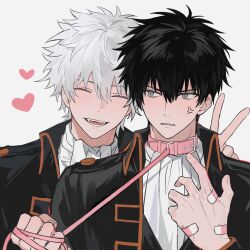 Rule 34 | 2boys, anger vein, ascot, bandaid, bandaid on hand, black hair, black jacket, borrowed clothes, collar, gintama, grey eyes, hair between eyes, heart, highres, hijikata toushirou, jacket, jin (zhaomu u), leather collar, male focus, multiple boys, open mouth, parted lips, pink collar, sakata gintoki, short hair, simple background, smile, teeth, upper body, white ascot, white background, white hair, yaoi