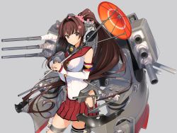 Rule 34 | 10s, 1girl, asymmetrical legwear, breasts, brown eyes, brown hair, collar, flag, grey background, hair intakes, headgear, highres, kantai collection, large breasts, long hair, looking at viewer, machinery, miniskirt, naruse hirofumi, petals, ponytail, rigging, simple background, skirt, smile, solo, turret, umbrella, uneven legwear, very long hair, yamato (kancolle), zulu (naval flag)
