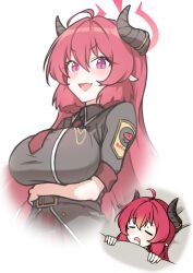 Rule 34 | 1girl, aged up, ahoge, belt, black belt, black horns, blue archive, blush, breasts, demon horns, dreaming, drooling, fang, hair between eyes, halo, highres, horns, hr.r, junko (blue archive), large breasts, long hair, mouth drool, multiple views, open mouth, pointy ears, red eyes, red hair, red halo, simple background, skin fang, sleeping, slit pupils, smile, white background