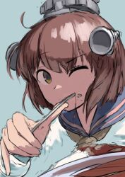 Rule 34 | 1girl, absurdres, blue sailor collar, brown eyes, brown hair, commentary request, curry, curry rice, dress, eating, food, grey background, grey neckerchief, headgear, highres, kantai collection, neckerchief, one eye closed, rice, sailor collar, sailor dress, sannsogyoraikai, short hair, simple background, solo, speaking tube headset, utensil in mouth, yukikaze (kancolle), yukikaze kai ni (kancolle)