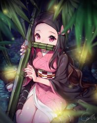 Rule 34 | 1girl, bamboo, bit gag, black hair, black legwear, blurry, blurry foreground, breasts, brown footwear, brown hair, checkered sash, commentary request, depth of field, fingernails, fireflies, forehead, gag, hair ribbon, highres, holding, japanese clothes, kamado nezuko, kimetsu no yaiba, kimono, konbu (hida123), long fingernails, long hair, long sleeves, looking at viewer, mouth hold, multicolored hair, nail polish, night, obi, on ground, open clothes, outdoors, parted bangs, pink kimono, pink ribbon, red eyes, red nails, ribbon, sandals, sash, sharp fingernails, signature, sitting, small breasts, solo, two-tone hair, very long hair, wariza, wide sleeves, zouri