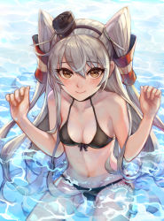 Rule 34 | 10s, 1girl, 2017, amatsukaze (kancolle), artist name, bikini, black bikini, breasts, brown eyes, cleavage, dated, hair tubes, highres, kantai collection, lf (paro), long hair, looking at viewer, partially submerged, silver hair, sitting, small breasts, smile, solo, swimsuit, twintails, two side up, water