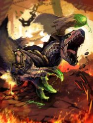 Rule 34 | brachydios, chain, christiana (manager i c), claws, fire, fusion, highres, monster, monster hunter (series), motion blur, no humans, open mouth, sharp teeth, slime (substance), teeth, tigrex