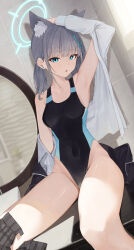 Rule 34 | 1girl, absurdres, animal ear fluff, animal ears, armpits, bare arms, bare legs, bare shoulders, black one-piece swimsuit, blue archive, blue eyes, blue halo, blush, breasts, competition swimsuit, covered navel, cross hair ornament, extra ears, grey hair, hair ornament, halo, highres, long sleeves, looking at viewer, medium hair, mismatched pupils, ningen gokko, official alternate costume, one-piece swimsuit, open clothes, open mouth, open shirt, shiroko (blue archive), shiroko (swimsuit) (blue archive), shirt, sitting, small breasts, solo, swimsuit, white shirt, wolf ears
