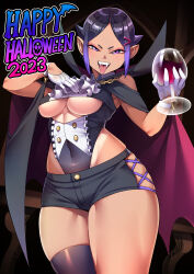 Rule 34 | 1girl, absurdres, bare shoulders, black hair, blue eyes, blue hair, breasts, cape, clothing cutout, collar, commentary, covered navel, cowboy shot, cross-laced clothes, cross-laced legwear, cup, drinking glass, english text, fangs, frilled collar, frills, gloves, greyscale, hair ornament, hairclip, half gloves, halloween, happy halloween, highres, holding, holding cup, leotard, looking at viewer, medium breasts, monochrome, multicolored hair, mystical high collar, original, pointy ears, ryuusei&#039;s 3x-yo girl, ryuusei (mark ii), short hair, short shorts, shorts, single thighhigh, skindentation, smile, solo, table, tan, tanline, thighhighs, tongue, tongue out, two-tone hair, underboob, underboob cutout, vampire costume, white gloves, wine glass