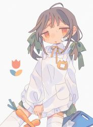 Rule 34 | 1girl, ahoge, apron, bad id, bad pixiv id, bandaid, bandaid on face, bandaid on forehead, bandaid on leg, brown hair, carrot, cutting board, daizu (melon-lemon), flower, frilled apron, frills, gradient hair, green ribbon, grey background, hair ornament, hair ribbon, highres, jitome, kitchen knife, knife, long sleeves, looking at viewer, low twintails, medium hair, multicolored hair, muted color, name tag, no nose, orange eyes, original, parted lips, pocket, puffy sleeves, ribbon, simple background, sitting, solo, sweat, tears, thighhighs, tulip, twintails, white apron, white thighhighs, wing collar, yellow neckwear