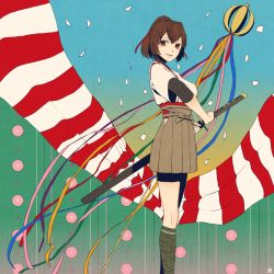 Rule 34 | 1girl, blue background, brown eyes, brown hair, brown hakama, confetti, feet out of frame, gradient background, green background, hair ribbon, hakama, hakama skirt, ise (kancolle), japanese clothes, kantai collection, katana, kneehighs, looking at viewer, multicolored background, nontraditional miko, ponytail, ribbon, short hair, skirt, socks, solo, standing, sword, undershirt, weapon, zabuton dorobou