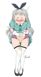 Rule 34 | 1boy, blend s, blush, bow hairband, bulge, crossdressing, diaper, dress, erection, erection under clothes, closed eyes, gloves, green dress, hairband, highres, kaissy, kanzaki hideri, peeing, peeing self, pull-up diaper, silver hair, solo, tagme, thighhighs, trap, white background, white gloves, white thighhighs