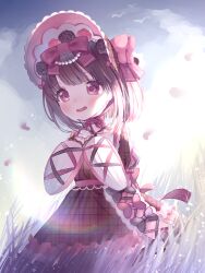 Rule 34 | 1girl, absurdres, back bow, black flower, black rose, blush, bonnet, bow, brown hair, choker, cowboy shot, cross-laced clothes, cross-laced dress, fallenshadow, flock, flower, grass, hair bow, hair flower, hair ornament, highres, indie virtual youtuber, light particles, lolita fashion, nepunepu, open mouth, outdoors, own hands together, petals, pink flower, pink rose, purple eyes, ribbon, ribbon choker, rose, sidelighting, sky, sleeves past wrists, smile, solo, tall grass, virtual youtuber