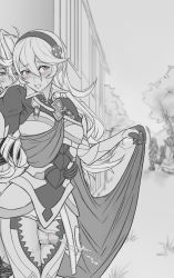 Rule 34 | 1boy, 1girl, armor, bad id, bad tumblr id, blush, cape, clothed sex, corrin (female) (fire emblem), corrin (fire emblem), corrin (male) (fire emblem), corrin (male) (fire emblem), cum, dual persona, ejaculation, fire emblem, fire emblem fates, full armor, greyscale, hetero, highres, hinoka (fire emblem), long hair, monochrome, nintendo, outdoors, penis, ryoma (fire emblem), selfcest, solo focus, stealth sex, thigh sex, uncensored, unsomnus, wall