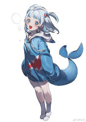 Rule 34 | 1girl, :d, arms at sides, blue eyes, blue hair, blue shirt, blush, fins, fish tail, gawr gura, gawr gura (1st costume), grey hair, hair ornament, highres, hololive, hololive english, hood, hood down, hoodie, knees, legs, looking at viewer, multicolored hair, open mouth, shark tail, sharp teeth, shirt, short hair, simple background, smile, socks, solo, standing, streaked hair, tail, teeth, thighs, two side up, upper teeth only, virtual youtuber, weibo watermark, white background, white socks, yi shin jian