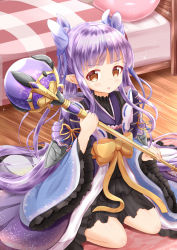 Rule 34 | 1girl, bed, blush, bow, brown eyes, commentary request, fingernails, hair bow, highres, holding, holding staff, indoors, japanese clothes, kimono, kyoka (princess connect!), long sleeves, orange bow, parted lips, pillow, plaid, pointy ears, princess connect!, purple bow, purple hair, purple kimono, sidelocks, sitting, solo, staff, twintails, waist bow, wariza, wide sleeves, wooden floor, xenon (for achieve)
