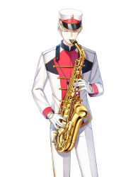 Rule 34 | 1boy, alto saxophone, band uniform, blonde hair, buttons, closed eyes, closed mouth, closers, collared jacket, cowboy shot, double-breasted, facing viewer, gloves, hat, high collar, highres, holding, holding instrument, instrument, jacket, legs apart, long sleeves, male focus, marching band, music, official art, pants, playing instrument, saxophone, shako cap, short hair, single vertical stripe, smile, solo, standing, uniform, white background, white gloves, white headwear, white jacket, white pants, wolfgang schneider