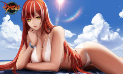 Rule 34 | + +, 1girl, absurdres, backlighting, bare arms, bare shoulders, beach, beach mat, bead bracelet, beads, bikini, blue sky, bracelet, breasts, cleavage, cloud, cloudy sky, day, diffraction spikes, dungeon and fighter, green eyes, hand up, head rest, highres, horizon, jewelry, knight (dungeon and fighter), large breasts, lens flare, lips, long hair, looking at viewer, lying, mole, monaim, multicolored hair, necklace, on stomach, outdoors, paladin (dungeon and fighter), parted lips, red hair, side-tie bikini bottom, sky, solo, streaked hair, sun, sunlight, swimsuit, symbol-shaped pupils, thighs, watermark, white bikini, white hair