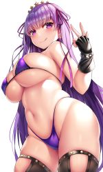 Rule 34 | 1girl, :p, bare shoulders, bb (fate), bb (fate) (all), bb (swimsuit mooncancer) (fate), bb (swimsuit mooncancer) (second ascension) (fate), bikini, black gloves, blush, breasts, closed mouth, commentary request, cowboy shot, fate/grand order, fate (series), fingerless gloves, from below, gloves, hair ornament, hair ribbon, hairband, highleg, highres, large breasts, licking lips, long hair, looking at viewer, nano (syoutamho), navel, neck ribbon, purple bikini, purple eyes, purple hair, ribbon, sideboob, simple background, skindentation, smile, solo, star (symbol), star hair ornament, stomach, string bikini, swimsuit, thighhighs, thighs, tongue, tongue out, underboob, v, very long hair, white background