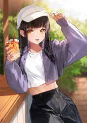 Rule 34 | 1girl, :d, arm up, baseball cap, black hair, black pants, blurry, blurry background, brick wall, brown eyes, commentary request, cup, depth of field, disposable cup, drinking straw, hand on headwear, hat, highres, holding, holding cup, jacket, long hair, long sleeves, looking at viewer, midriff, navel, nima (niru54), open clothes, open jacket, open mouth, original, pants, puffy long sleeves, puffy sleeves, purple jacket, sleeves past wrists, smile, solo, white hat