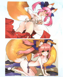Rule 34 | 1girl, all fours, animal ears, barefoot, bikini, blush, breasts, cleavage, covering privates, covering breasts, dressing, embarrassed, fate/extra, fate (series), fox ears, fox girl, fox tail, hair ribbon, highres, japanese clothes, kimono, looking at viewer, medium breasts, official art, pink hair, ribbon, scan, side-tie bikini bottom, solo, surprised, swimsuit, tail, tamamo (fate), tamamo no mae (fate/extra), topless, twintails, wada arco, yellow eyes