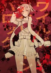 Rule 34 | 1girl, aiguillette, arm at side, arm up, belt, belt buckle, blood, blood splatter, buckle, commentary, cowboy shot, daiba nana, epaulettes, expressionless, fur-trimmed jacket, fur trim, gradient background, hair between eyes, hair ribbon, hand on own head, highres, holding, holding sword, holding weapon, jacket, jacket on shoulders, katana, long sleeves, looking at viewer, miniskirt, momoiro, parted lips, partially colored, pleated skirt, red background, red jacket, red sash, ribbon, ruffling hair, sash, short hair, short twintails, shoujo kageki revue starlight, shoulder sash, single stripe, skirt, solo, striped clothes, striped skirt, sword, text background, translation request, twintails, weapon