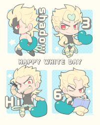Rule 34 | 1boy, black blood, blonde hair, blood, blush stickers, chibi, chibi only, dio brando, earrings, fangs, full body, happy white day, heart, holding, holding heart, jacket, jewelry, jojo no kimyou na bouken, kotorai, looking at viewer, male focus, mask, multiple views, no nose, one eye closed, open mouth, red eyes, smile, white day, yellow jacket