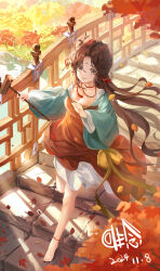 1girl 2024 absurdres ankle_rope arch_bridge artist_name autumn_leaves barefoot black_eyes black_hair breasts bridge chinese_clothes cleavage dated day dipper dress facial_mark falling_leaves forehead_mark full_body green_sleeves grin hair_branch hair_ornament hand_up hanfu highres holding holding_spoon huadian jiu_niangzi leaf long_hair looking_at_viewer maple_leaf outdoors qixiong_ruqun red_dress red_hanfu reverse:1999 river signature smile solo spoon stone_bridge tassel tassel_hair_ornament walking weinian. wide_sleeves