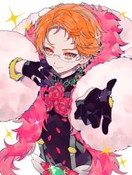 Rule 34 | 1boy, ao (ao0 0nemu), bad id, bad twitter id, black gloves, closed mouth, commentary request, feather boa, flower, glasses, gloves, hands up, highres, idol clothes, jewelry, juuouin kakeru, king of prism, looking at viewer, male focus, offering hand, orange eyes, orange hair, outstretched arm, pink flower, pink rose, pretty rhythm, pretty series, reaching, reaching towards viewer, ring, rose, short hair, smile, solo, sparkle, suspenders, upper body, white background