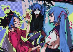 Rule 34 | 1girl, 2023, 2boys, absurdres, aji (groongloon), arm up, between legs, blue eyes, blue hair, chinese commentary, crossover, english text, frown, gorillaz, group picture, hand between legs, hatsune miku, highres, looking at viewer, looking back, multicolored background, multiple boys, no pupils, open mouth, pink shirt, sal fisher, sally face, shirt, signature, sitting, smile, spiked hair, stuart pot, t-shirt, translated, twintails, vocaloid