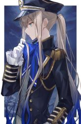 Rule 34 | 1boy, aqua eyes, black hat, blue bow, blue bowtie, blue hair, bow, bowtie, captain nemo (fate), epaulettes, fate/grand order, fate/grand order arcade, fate (series), from side, gloves, gradient hair, hair between eyes, hat, highres, jacket, light brown hair, long hair, long sleeves, male focus, military, military hat, military uniform, multicolored hair, nemo (fate), parted lips, peaked cap, ponytail, profile, rain, sherry 0014, sidelocks, solo, trap, twitter username, uniform, upper body, very long hair, white gloves