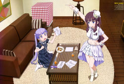 Rule 34 | 2girls, :d, absurdres, blue eyes, blush, bobby socks, brown hair, cookie, cosplay, couch, dress, feet, female focus, flower, food, hair flower, hair ornament, hand on own hip, highres, idol, indoors, long hair, multiple girls, nakagawa hiromi, new game!, no shoes, official art, on floor, open mouth, plant, ponytail, purple eyes, purple hair, rug, scan, sitting, skirt, smile, socks, soujirou (new game!), standing, suzukaze aoba, takimoto hifumi, twintails