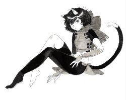 Rule 34 | 1girl, animal ear fluff, animal ears, barefoot, between legs, black fur, body fur, cat ears, cat girl, cat tail, claws, closed mouth, dhuwjdjfo, dungeon meshi, full body, grey eyes, greyscale, hand between legs, hand up, hashtag-only commentary, highres, izutsumi, knees up, looking at viewer, monochrome, monster girl, one-hour drawing challenge, pelvic curtain, short hair, simple background, sitting, sleeveless, tail, vambraces, vest, white background, white fur