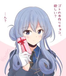 Rule 34 | 1girl, black necktie, blue eyes, blue hair, collared shirt, gift, gloves, gotland (kancolle), gotland andra (kancolle), hair bun, half gloves, highres, kantai collection, long hair, looking at viewer, military, military uniform, mole, mole under eye, necktie, one-hour drawing challenge, shirt, shizuna kaede, single hair bun, solo, translation request, twitter username, two-tone background, uniform, upper body, white gloves