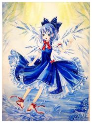 Rule 34 | 1girl, ankle cuffs, ankle ribbon, bad id, bad pixiv id, bare tree, blue hair, bow, chirarizushi, cirno, dress, embellished costume, flower, frilled dress, frills, hair bow, hand up, ice, ice wings, leg ribbon, light rays, looking at viewer, open mouth, painting (medium), pointy ears, puffy short sleeves, puffy sleeves, ribbon, rose, shards, short hair, short sleeves, skirt hold, solo, sparkle, sunbeam, sunlight, touhou, traditional media, tree, watercolor (medium), wings, wrist cuffs, yellow eyes